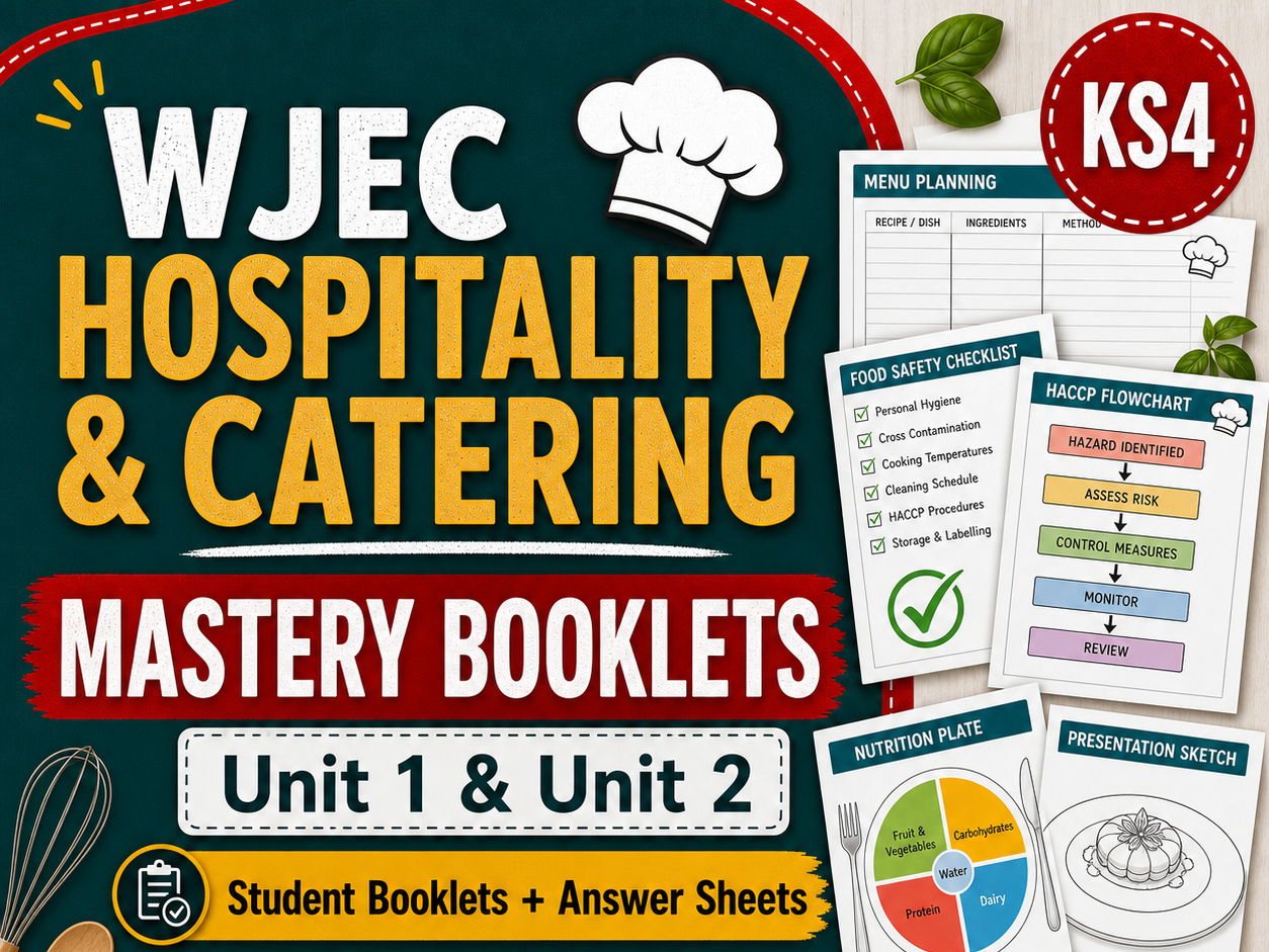 WJEC Hospitality and Catering Complete Booklet Bundle & Answers | Unit 1 and Unit 2 | Retrieval, Revision, Exam Prep, Mastery and Homework Booklets