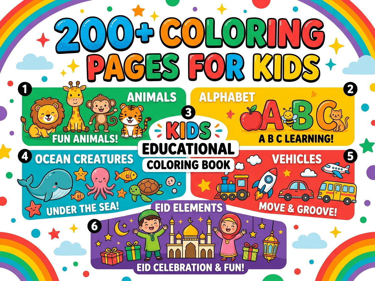 Ultimate Kids Coloring Bundle | 200+ Printable Pages | Animals, Alphabet, History, Eid, Ocean & More