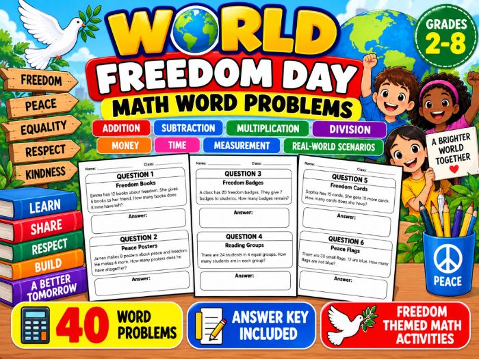 World Freedom Day Math Word Problems | 40 Questions & Answer Key