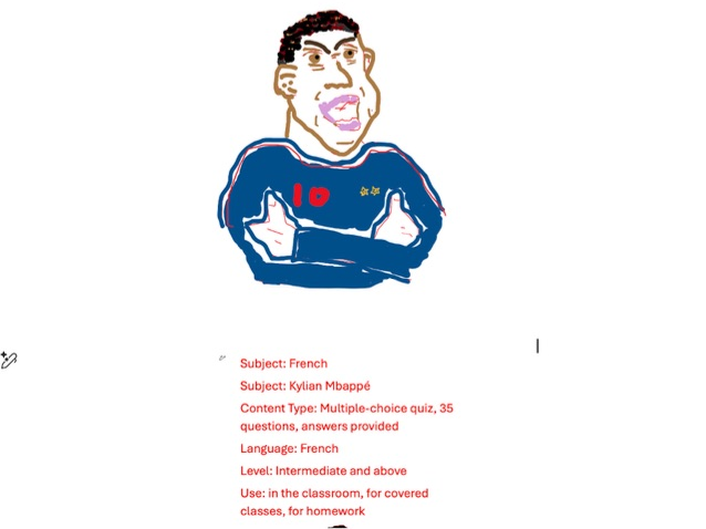 French, Kylian Mbappé quiz, multiple-choice, Reading, in French, intermediate-level and above.