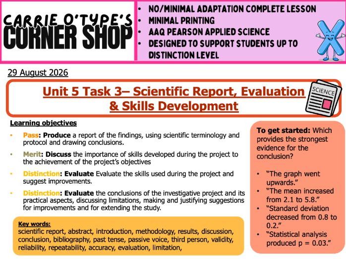 Unit 5 Task 3 - Scientific Report & Skills Development - AAQ Pearson Applied Science