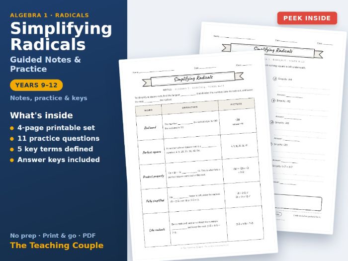 Simplifying Radicals Guided Notes & Practice + Answer Keys