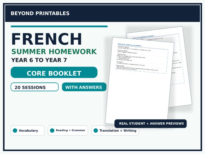 French Summer Homework Booklet Year 6 to Year 7 Core with Answers