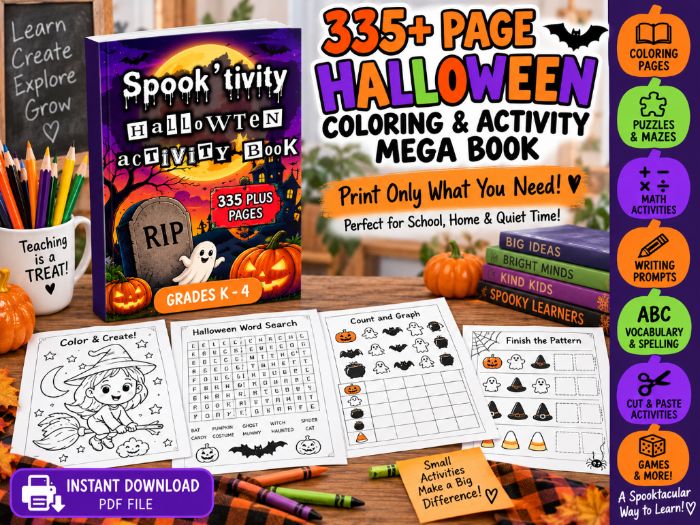 335+ Page Halloween Coloring & Activity Mega Pack for Grades K–4 | Math, Literacy, Writing, Puzzles,