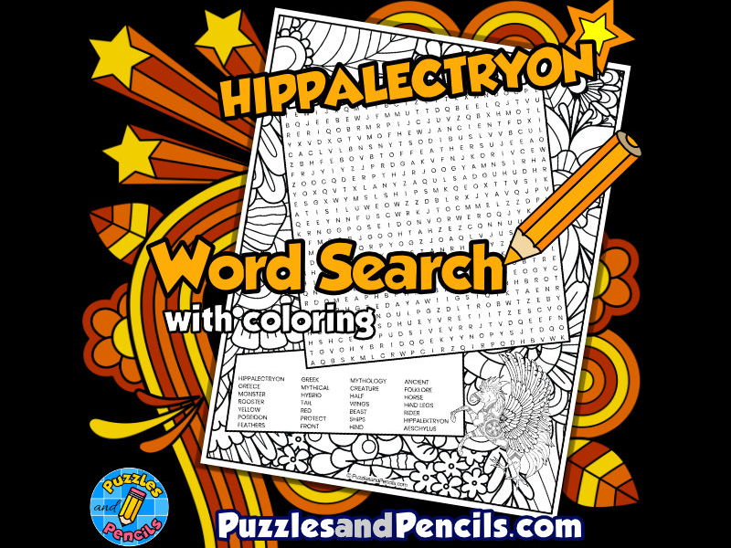 Hippalectryon Word Search Puzzle with Colouring | Greek Mythology Wordsearch