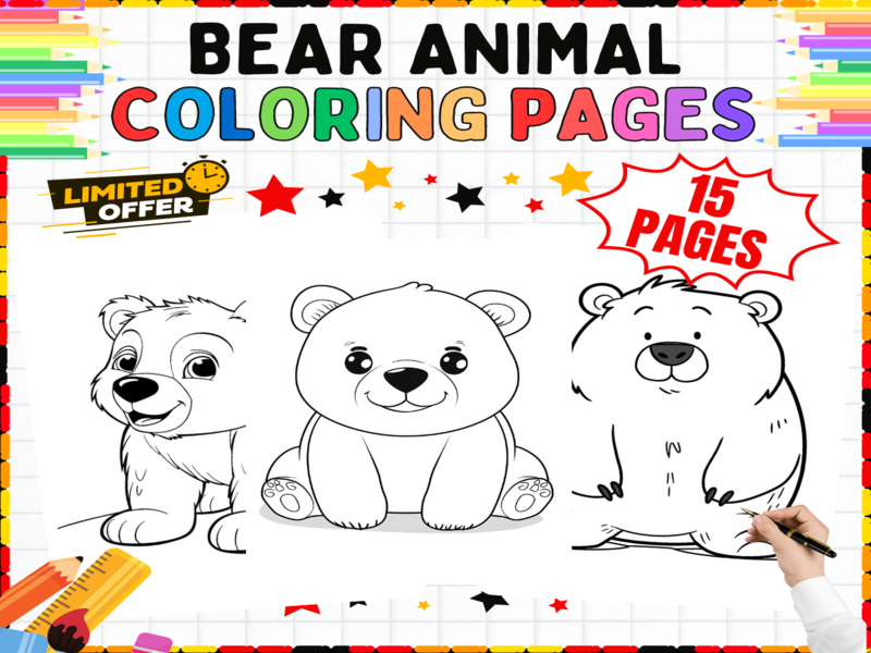 15 Bear Coloring Pages | Cute Animal Colouring Sheets for Kids | Wildlife Art Activities Pack