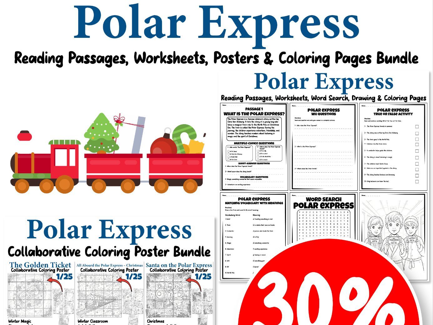 Polar Express Reading Passages, Worksheets, Posters & Coloring Pages Bundle