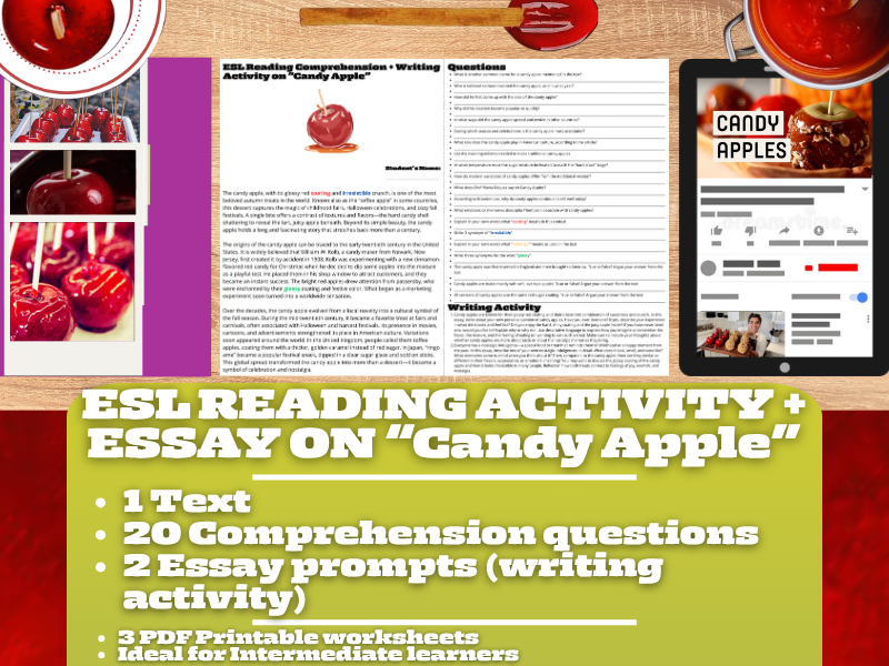 ESL Reading Comprehension + Writing Activity Worksheets - Candy Apple