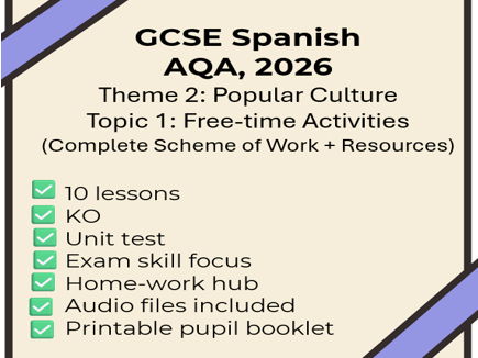 AQA 2026 GCSE Spanish: Unit 4 Free-time Activities NEW SPEC (full SOW + 10 lessons + extras)
