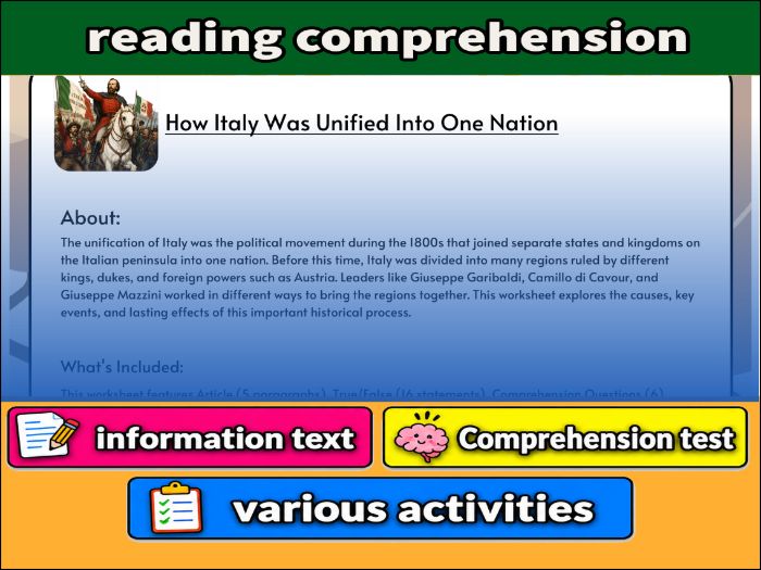 How Italy Was Unified Into One Nation - Comprehension 91����t & Activities