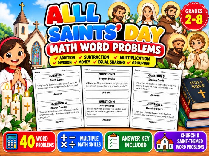 All Saints' Day Math Word Problems | 40 Questions & Answer Key