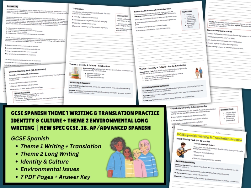 GCSE Spanish Writing & Translation Practice: Theme 1 Identity & Culture and Theme 2 Environment