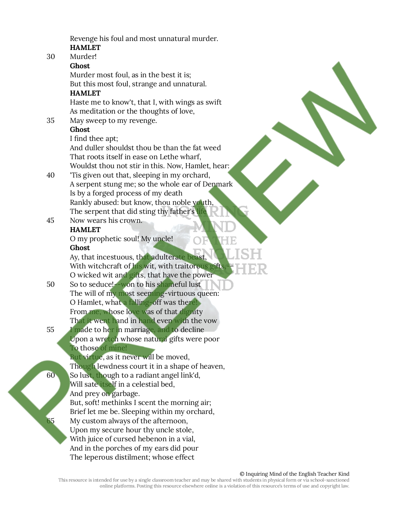 Hamlet Act 1 Scene 5 Close Reading Worksheet Teaching Resources