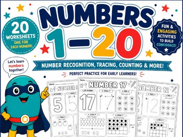 Numbers 1-20 Number Recognition & Tracing Worksheets