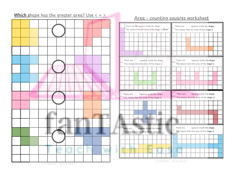 Area Worksheets Bundle | Counting Squares, Comparing Areas & Drawing Shapes | KS2 Maths