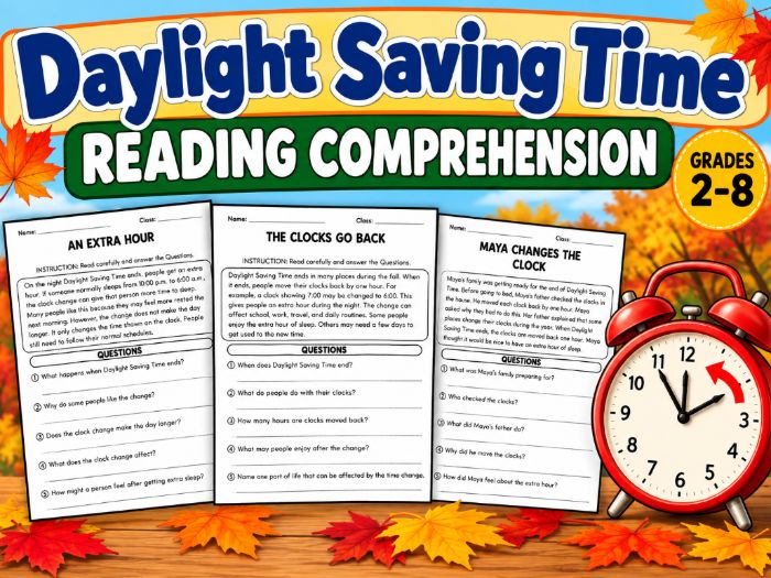 Daylight Saving Time Reading Comprehension Bundle | Fall Time Change