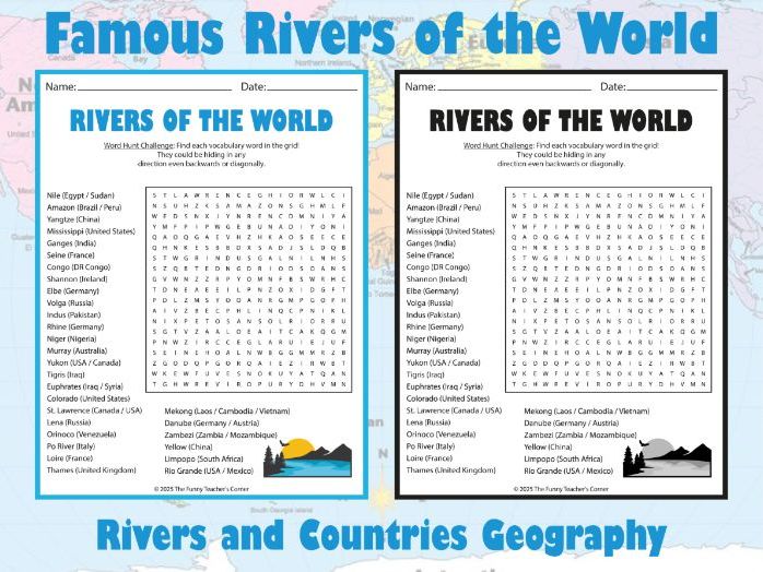 Famous Rivers of the World Word Search | Rivers and Countries Geography Activity