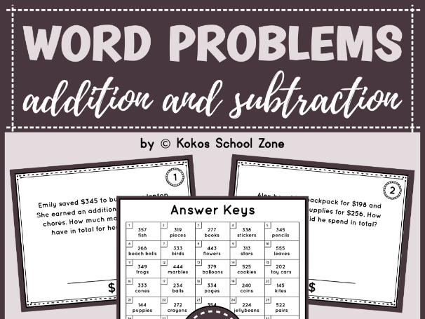 3-Digit Addition & Subtraction without Regrouping | Word Problem Task Cards | KS2 Maths