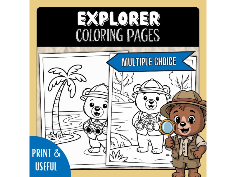 Bear Explorer & Wilderness Coloring Pages | Adventure Animal Coloring Sheets