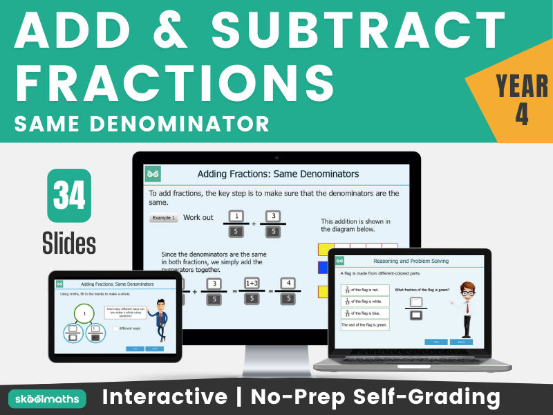Adding Fractions with the  Same Denominator Year 4 Interactive Digital Maths Lesson Bundle