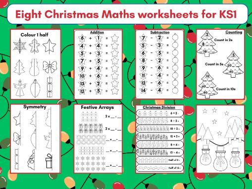KS1 Christmas Maths Worksheets - 8 sheets