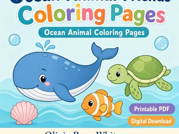 Ocean Animal Friends Coloring Pages | Ocean Animal Coloring Pages | Printable PDF | Digital