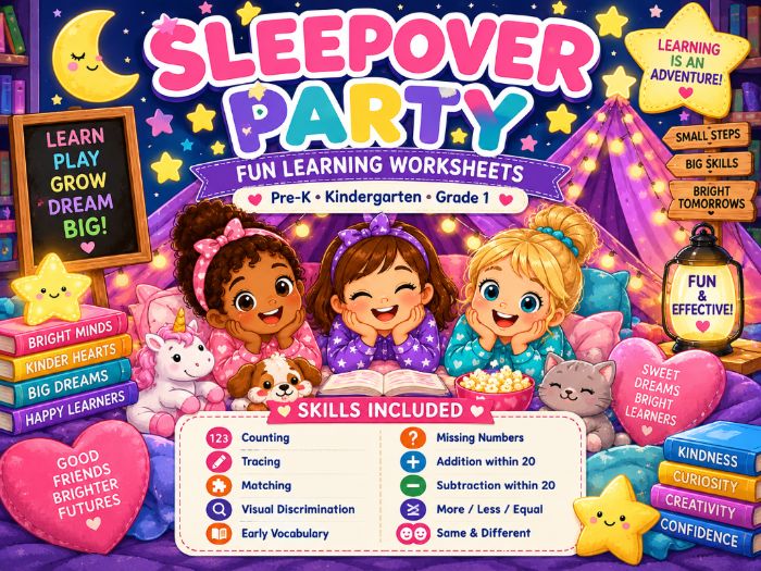 Sleepover Party Worksheets Pre-K to 1st Grade | Math, Counting, Tracing & Addition Activities  Descr