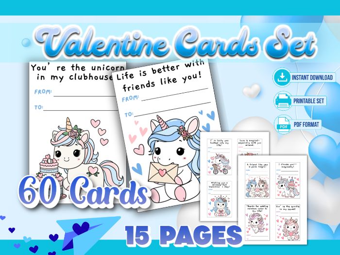 60 Unicorn Valentine Cards for Kids–A Ready-to-Print Classroom Valentine Set for Elementary Students
