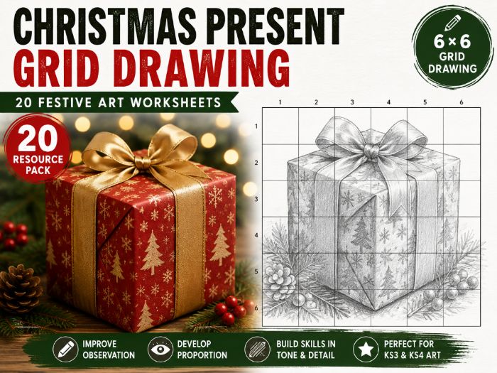 Christmas Presents Grid Drawing Worksheets | 20 Festive Art Activities | KS3 & KS4