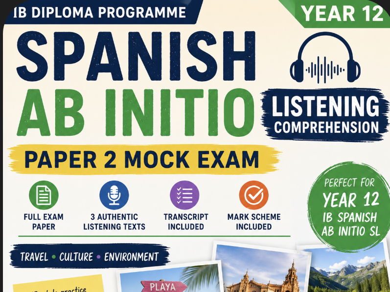Year 12 (IB first year) IB Spanish Ab Initio Listening Paper 2 Mock Exam + Transcript + Mark Scheme