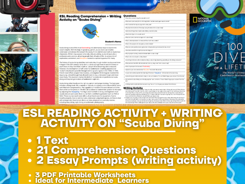 ESL Reading Comprehension + Writing Activity Worksheets on "Scuba Diving"