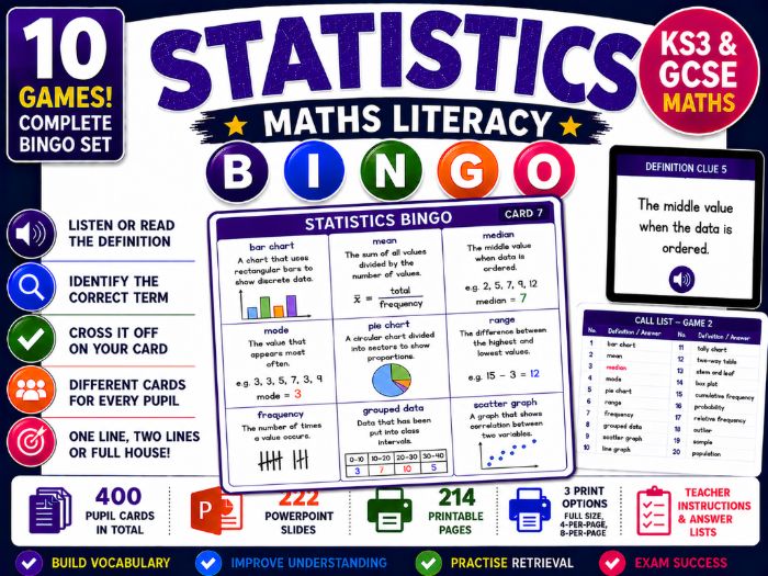 Statistics Maths Literacy Bingo | KS3 & GCSE Vocabulary Retrieval | 10 Games
