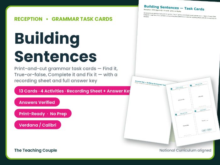 Reception Building Sentences Grammar Task Cards + Answer Key