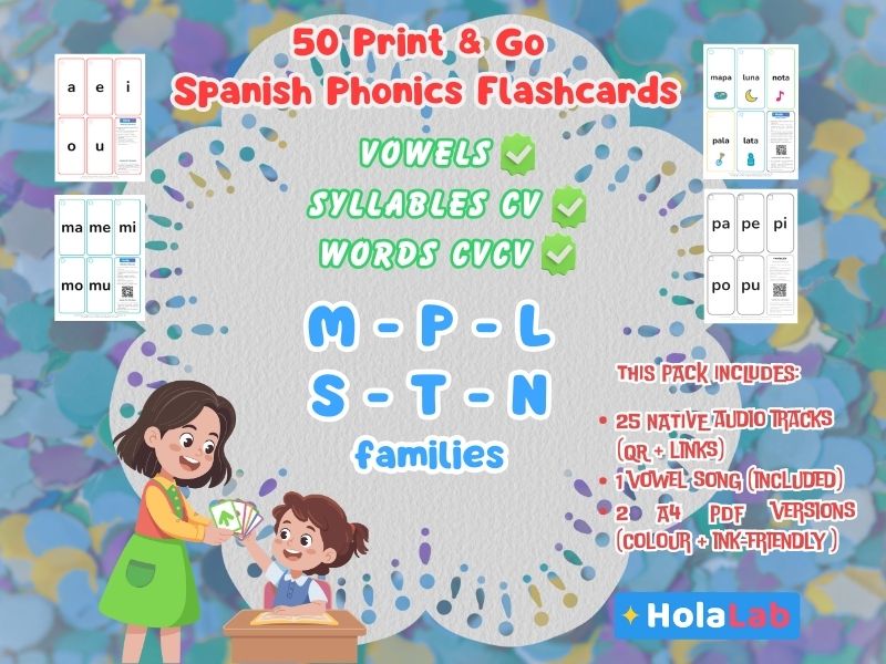 50 Spanish Phonics Flashcards + Audio