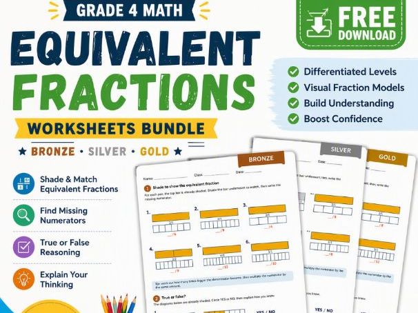 FREE Grade 4 /Year 5 Equivalent Fractions Worksheet : Bronze, Silver, Gold