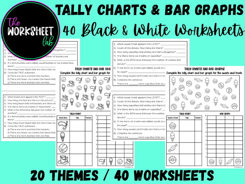 Data Handling/Statistics: Tally Charts and Bar Graphs Black and White Worksheets