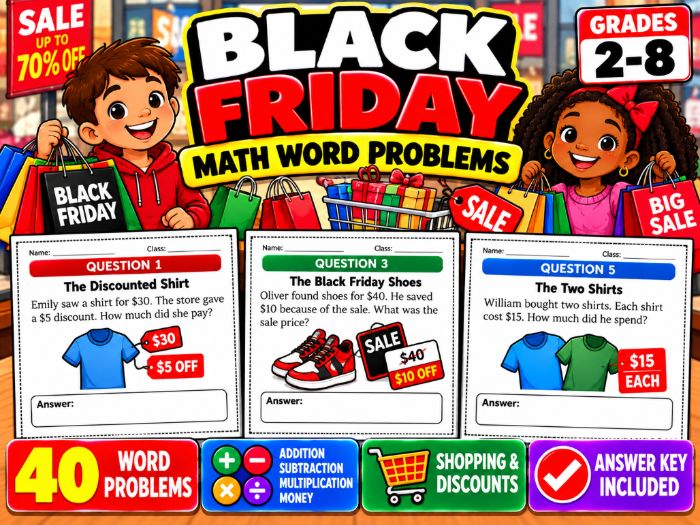 Black Friday Math Word Problems | 40 Problems & Answer Key | Grades 2–8