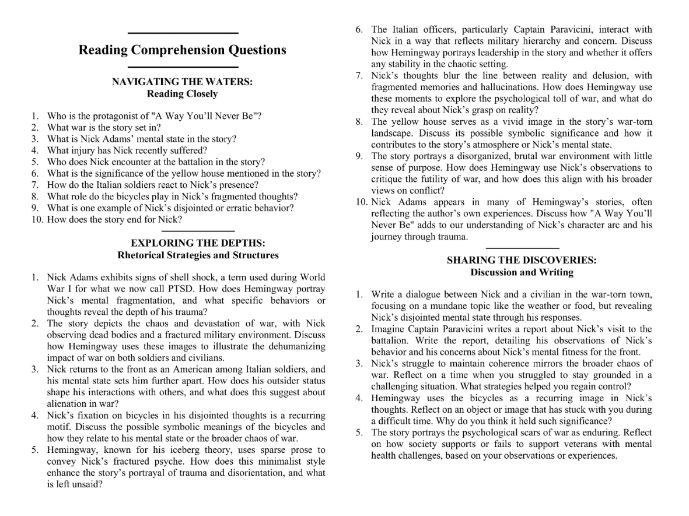 A Way You'll Never Be by Ernest Hemingway with Reading Comprehension Questions