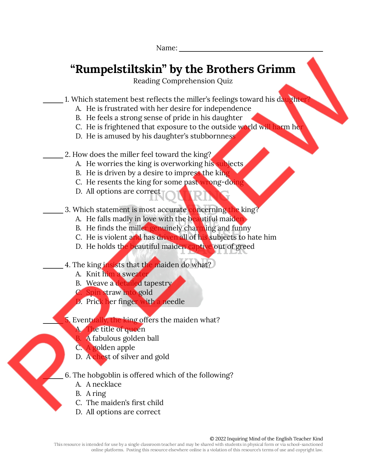 "Rumpelstiltskin" by the Brothers Grimm Quiz and Answer Key Teaching