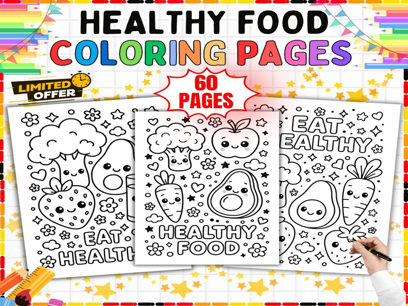 Fruit and Vegetable Coloring Pages | 60 Page Coloring Sheets | Healthy Food Activities