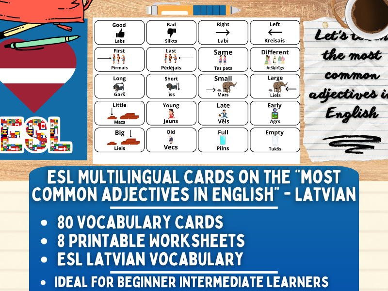 ESL Multilingual Vocabulary Flashcards - Most Common Adjectives - Latvian