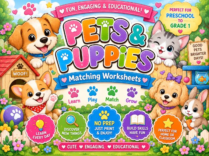 Pets & Puppies Matching Worksheets | Picture, Shadow, Letters, Numbers & Shapes | Preschool–Grade 1