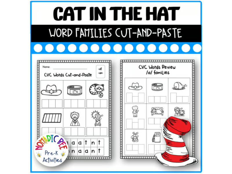 Cat in the Hat Activities - CVC Word Families Cut-and-Paste Activity Sheets