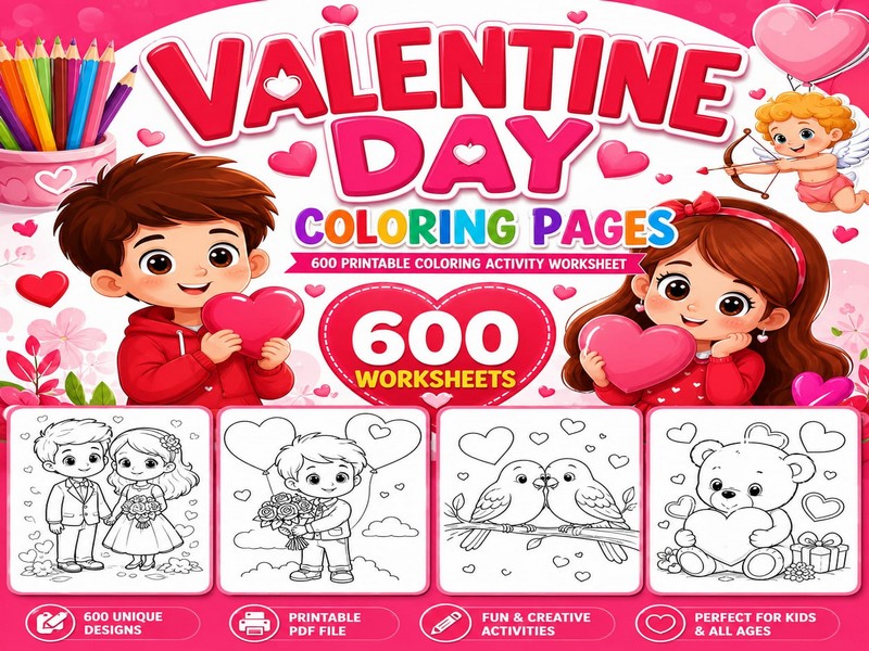 Valentine Day Coloring Pages, 600 Printable Coloring Activity Worksheet