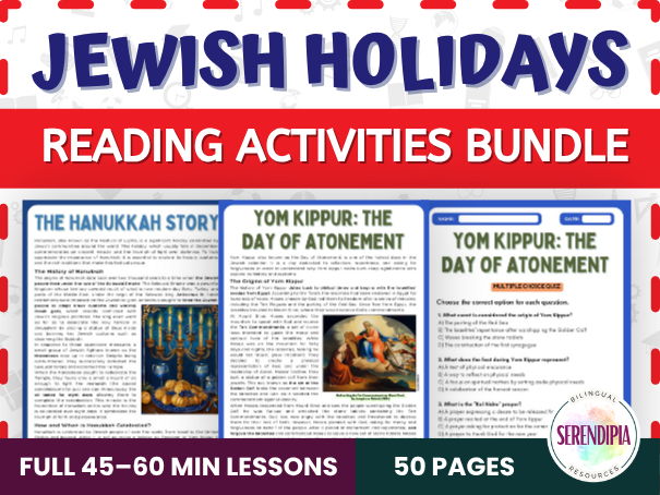 Jewish Holidays Reading Passages and Activities Hanukkah Yom Kippur for 6th 7th 8th 9th for KS3 KS4 Literacy | BUNDLE