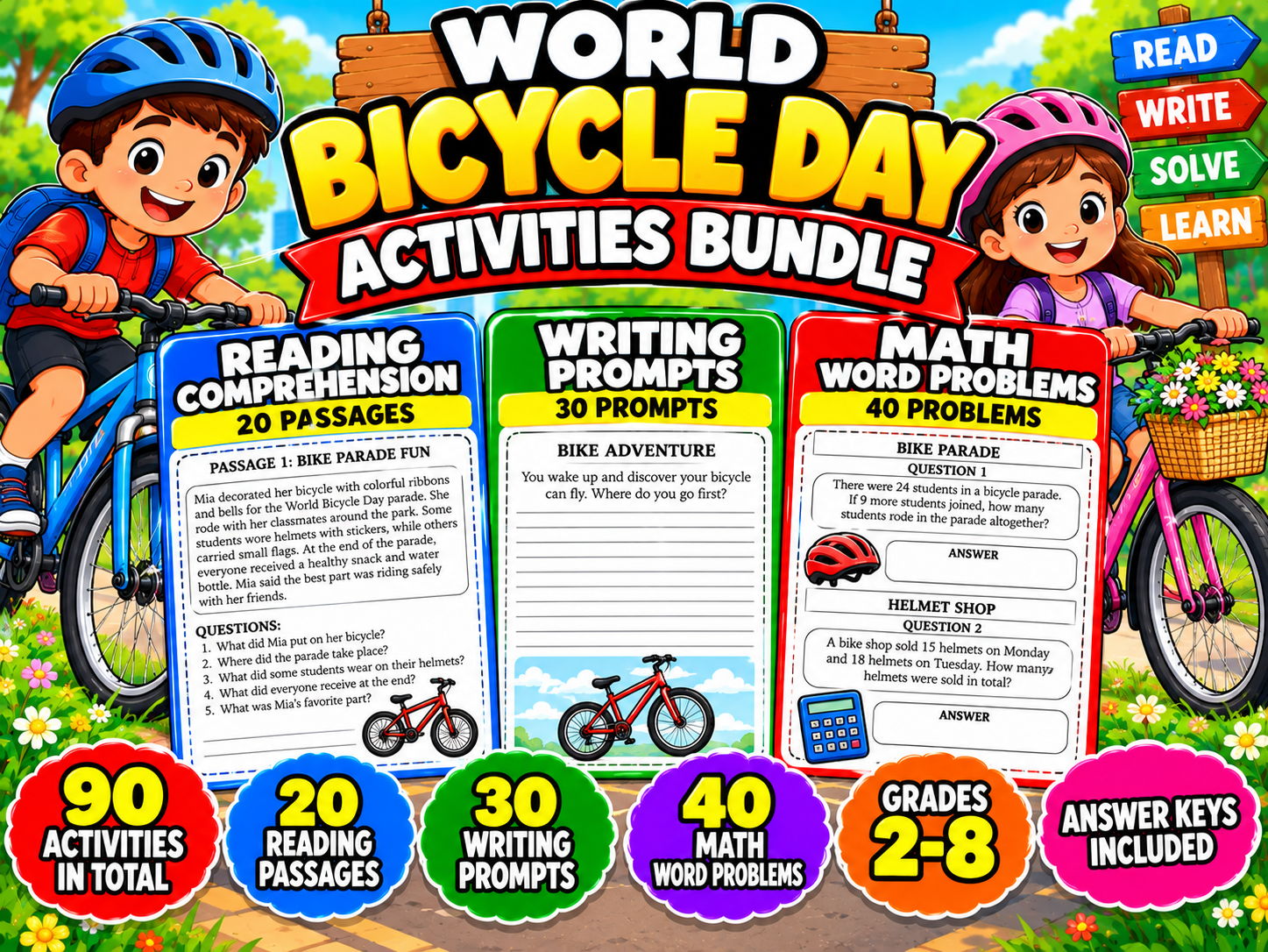 World Bicycle Day Activities Bundle | Reading Comprehension, Writing Prompts and Math