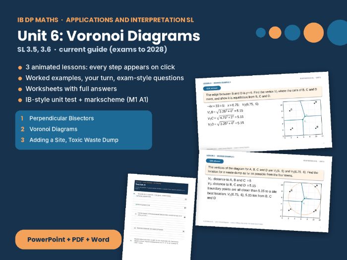 IB Maths AI SL Voronoi Diagrams – Unit 6: perpendicular bisectors, toxic waste dump, IB test