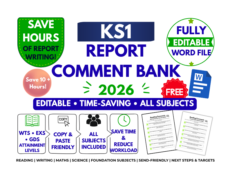 FREE KS1 Report Comment Samples 2026 | Editable End of Year Report Comments | Maths