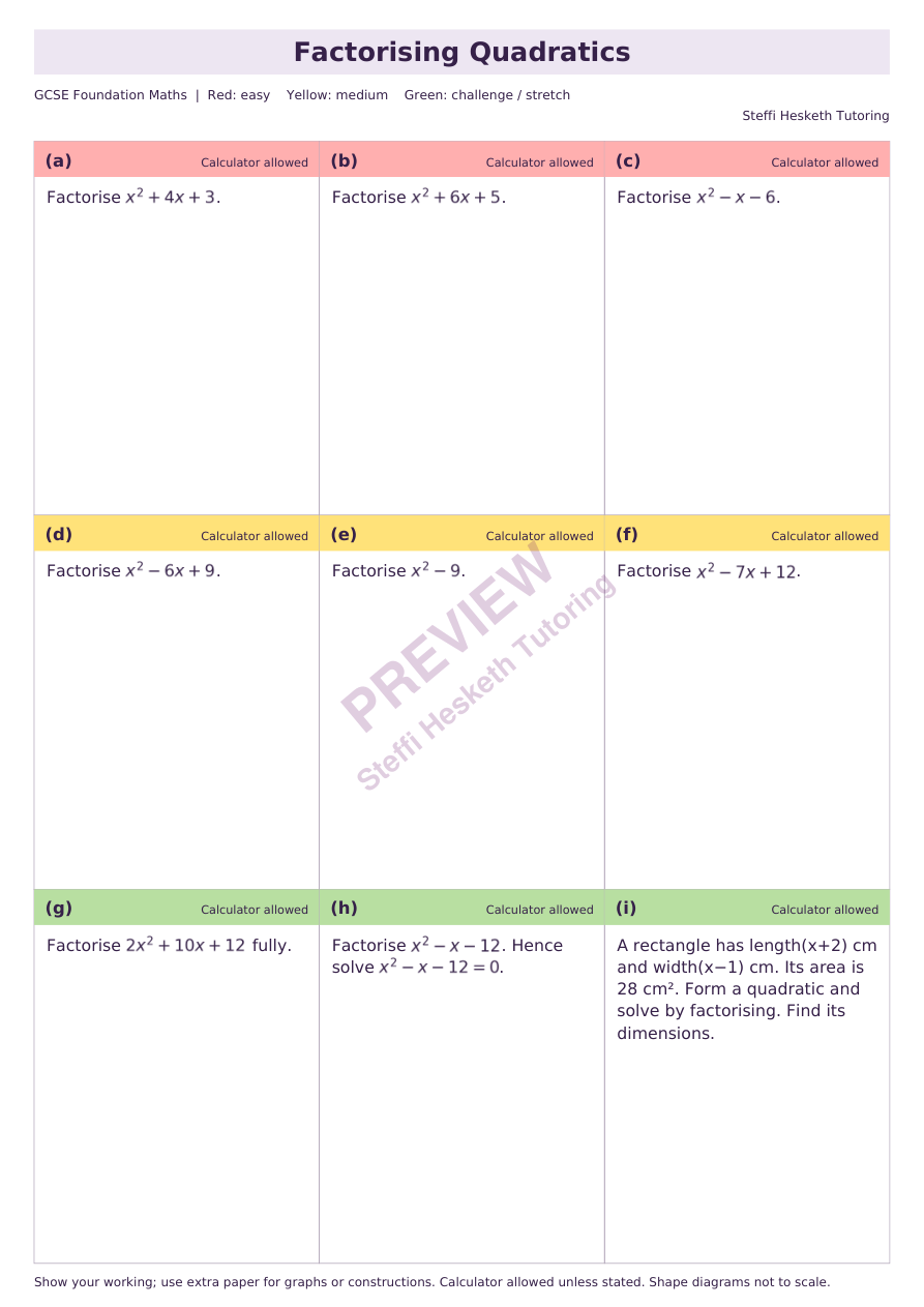 Simple Factorising Worksheet.pdf GCSE Foundation Factorising Quadratics | Topic Overview Differentiated ...
