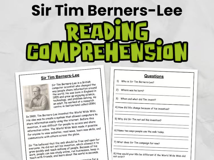 Sir Tim Berners-Lee Reading Comprehension for Gr 3 - 5 | Easy Printable Activity